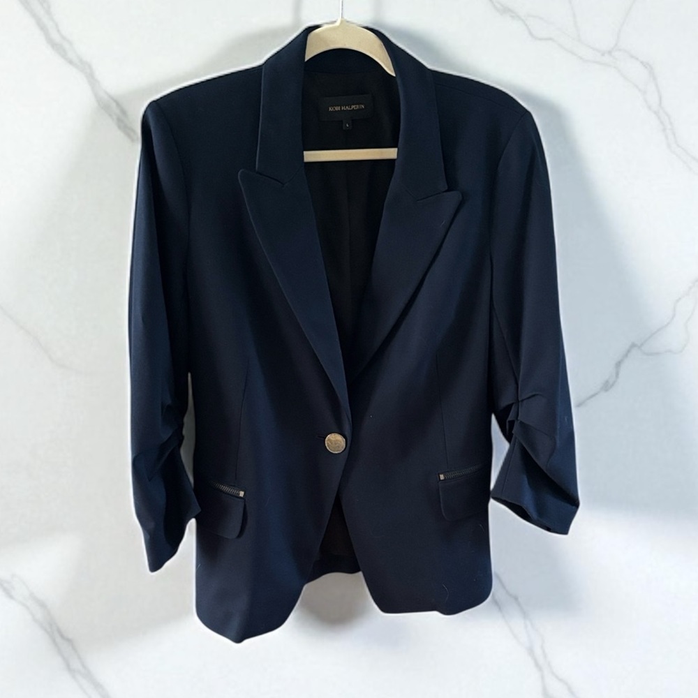 Kobi Halperin Navy Blue single breast 1 button Blazer w/ rouched sleeves sz L
